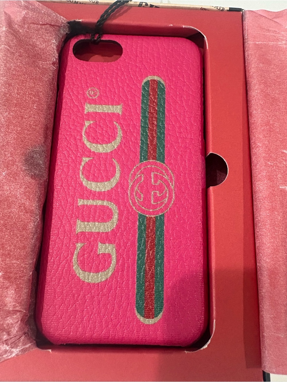 Gucci Pink Leather Phone Case with Green-Red Stripe and Gold Logo